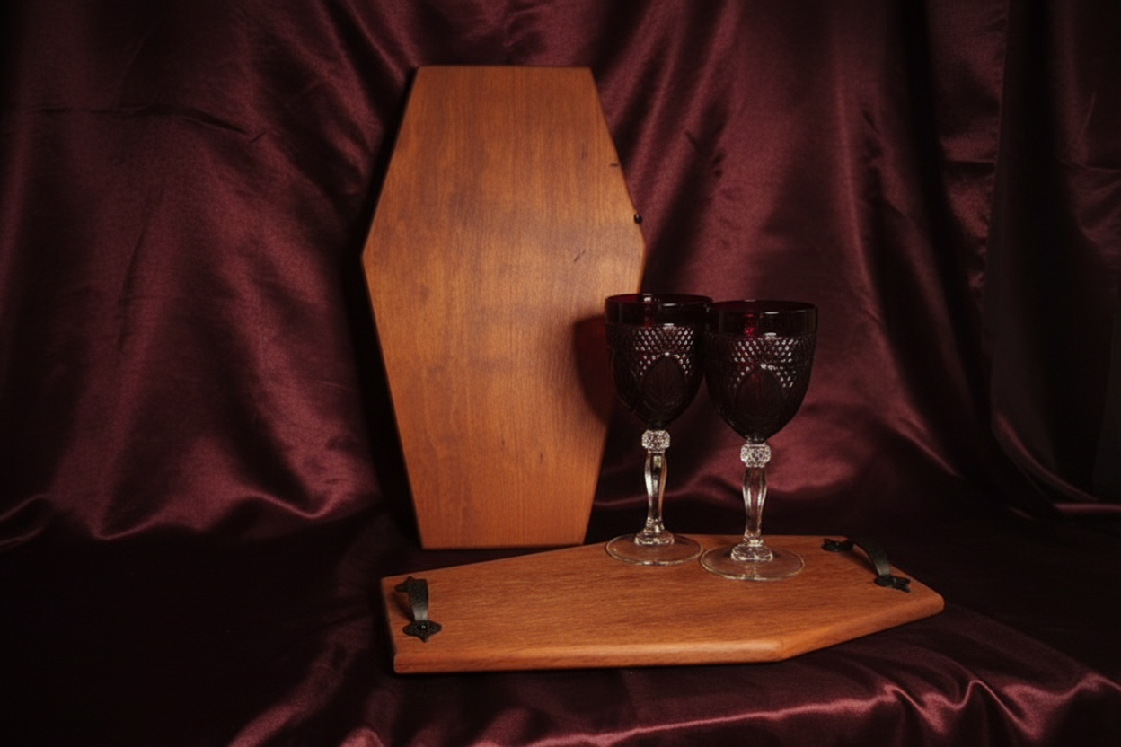Coffin board and wine goblets with elegant background