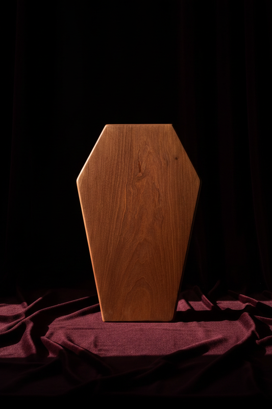 Coffin board vertical on burgundy velvet
