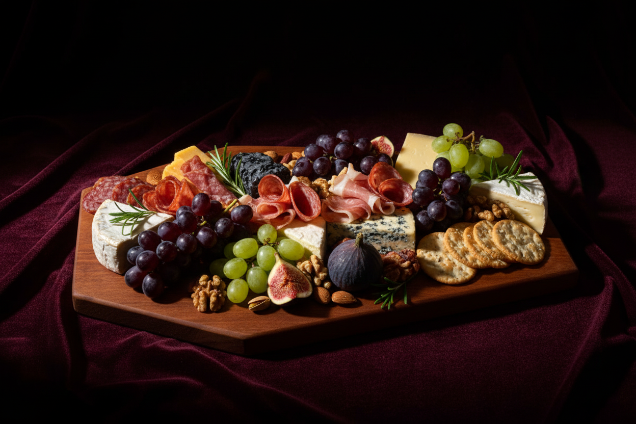 Coffin board with charcuterie spread on burgundy velvet